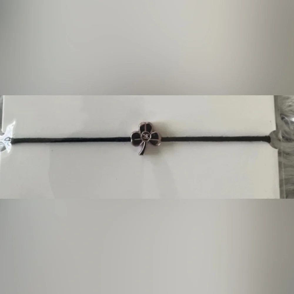 CHANEL rare Black Cord Bracelet with four-leaf clover charm in silver Accent NEW - Picture 3 of 4